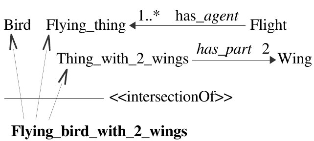 <pre>
       Bird     Flying_thing <small><--1..*---<i>has_agent</i>---</small> Flight
         <big><big>^        ^</sub></big></big>      Thing_with_2_wings <small>---<i>has_part</i>---2--></small> Wing
          \        |      <big><big>&nearr;</big></big>
       ----\-------|-----/----<<<i>intersectionOf</i>>>
            \      |    /
         <b>Flying_bird_with_2_wings</b> </pre>  